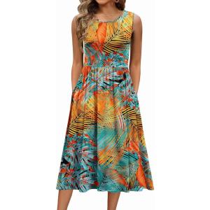 imageZeagoo Womens Summer Tank Midi Dress with Pockets Floral Sleeveless ALine Casual Loose TShirt Dresses Beach Sundress 2025Orange Green Leaf