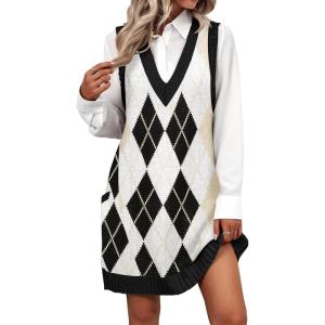 imageZeagoo Womens Sweater Vest Dress Pattern Knitted Pullovers Sweaters V Neck Tank Sweater Dress with PocketsBlack Argyle