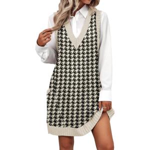 imageZeagoo Womens Sweater Vest Dress Pattern Knitted Pullovers Sweaters V Neck Tank Sweater Dress with PocketsBlack Houndstooth