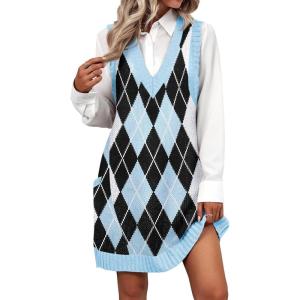 imageZeagoo Womens Sweater Vest Dress Pattern Knitted Pullovers Sweaters V Neck Tank Sweater Dress with PocketsBlue Argyle