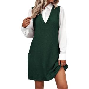 imageZeagoo Womens Sweater Vest Dress Pattern Knitted Pullovers Sweaters V Neck Tank Sweater Dress with PocketsDark Green