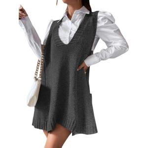 imageZeagoo Womens Sweater Vest Dress Pattern Knitted Pullovers Sweaters V Neck Tank Sweater Dress with PocketsDark Grey