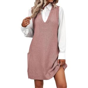 imageZeagoo Womens Sweater Vest Dress Pattern Knitted Pullovers Sweaters V Neck Tank Sweater Dress with PocketsDusty Pink