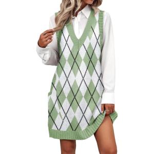imageZeagoo Womens Sweater Vest Dress Pattern Knitted Pullovers Sweaters V Neck Tank Sweater Dress with PocketsGreen Argyle