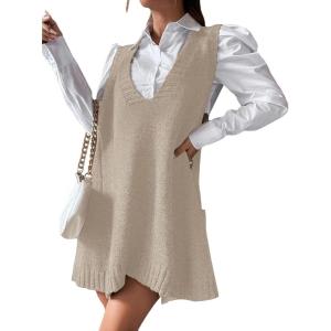 imageZeagoo Womens Sweater Vest Dress Pattern Knitted Pullovers Sweaters V Neck Tank Sweater Dress with PocketsKhaki