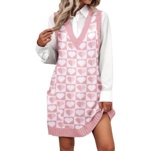 imageZeagoo Womens Sweater Vest Dress Pattern Knitted Pullovers Sweaters V Neck Tank Sweater Dress with PocketsPink Heart