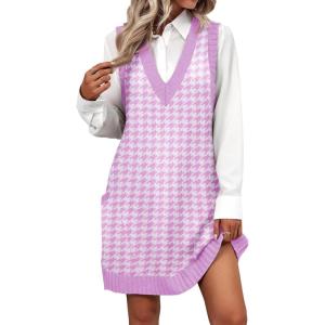 imageZeagoo Womens Sweater Vest Dress Pattern Knitted Pullovers Sweaters V Neck Tank Sweater Dress with PocketsPurple Houndstooth