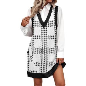 imageZeagoo Womens Sweater Vest Dress Pattern Knitted Pullovers Sweaters V Neck Tank Sweater Dress with PocketsWhite Plaid
