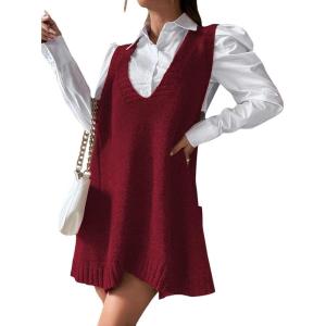 imageZeagoo Womens Sweater Vest Dress Pattern Knitted Pullovers Sweaters V Neck Tank Sweater Dress with PocketsWine Red