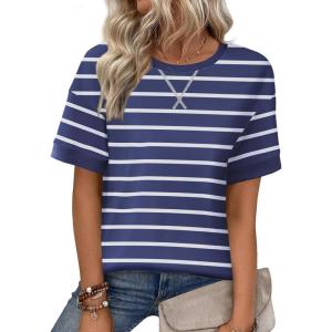 imageZeagoo Womens Tops Casual Oversized Short Sleeve Sweatshirt Summer Striped Shirt Crewneck Pullover Loose T Shirts BlouseBluewhite
