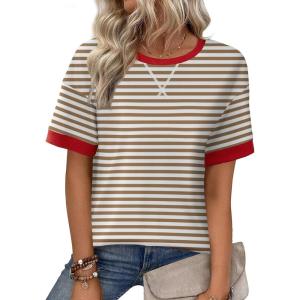 imageZeagoo Womens Tops Casual Oversized Short Sleeve Sweatshirt Summer Striped Shirt Crewneck Pullover Loose T Shirts BlouseCaramelwhite