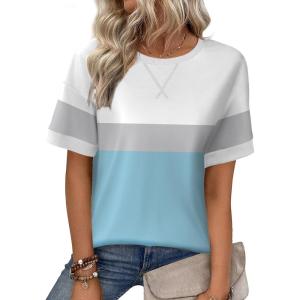 imageZeagoo Womens Tops Casual Oversized Short Sleeve Sweatshirt Summer Striped Shirt Crewneck Pullover Loose T Shirts BlouseWhite Gray Blue