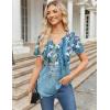 imageZeagoo Womens Short Sleeve Tops Summer Henley VNeck Tshirts Casual Pleated Blouse Dressy Loose Floral Basic TeeBlue Flowers