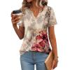 imageZeagoo Womens Short Sleeve Tops Summer Henley VNeck Tshirts Casual Pleated Blouse Dressy Loose Floral Basic TeeKhkai Floral