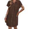 imageZeagoo Womens Summer Dress 2025 Cotton Button Down Short Sleeve Tshirt Dresses Casual Flowy V Neck Loose Mini Beach DressBrown