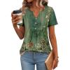 imageZeagoo Womens Short Sleeve Tops Summer Henley VNeck Tshirts Casual Pleated Blouse Dressy Loose Floral Basic Tee01green Ethnic Pattern