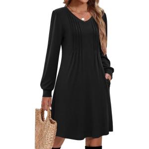 imageZeagoo Fall Dresses for Women Long Sleeve Casual Pleated V Neck Dress 2025 A Line Tunic DressAblack