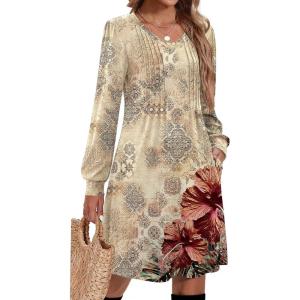 imageZeagoo Fall Dresses for Women Long Sleeve Casual Pleated V Neck Dress 2025 A Line Tunic DressBeige Floral