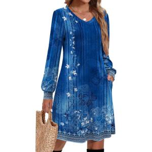 imageZeagoo Fall Dresses for Women Long Sleeve Casual Pleated V Neck Dress 2025 A Line Tunic DressBlue Floral