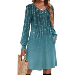 imageZeagoo Fall Dresses for Women Long Sleeve Casual Pleated V Neck Dress 2025 A Line Tunic DressBlue Green 01