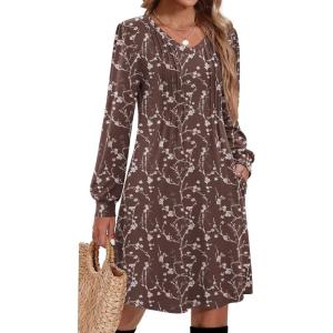 imageZeagoo Fall Dresses for Women Long Sleeve Casual Pleated V Neck Dress 2025 A Line Tunic DressBrown Floral