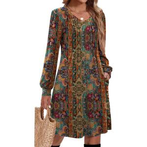 imageZeagoo Fall Dresses for Women Long Sleeve Casual Pleated V Neck Dress 2025 A Line Tunic DressChic Printed