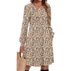 imageZeagoo Fall Dresses for Women Long Sleeve Casual Pleated V Neck Dress 2025 A Line Tunic DressLight Khaki Floral