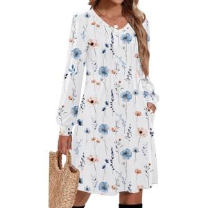 imageZeagoo Fall Dresses for Women Long Sleeve Casual Pleated V Neck Dress 2025 A Line Tunic DressWhite Floral