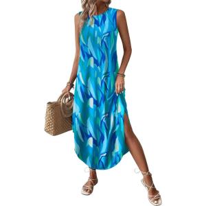 imageZeagoo Women Floral Summer Casual Beach Printed Tank Dress with Pockets Pleated Front Long DressMixed Blue