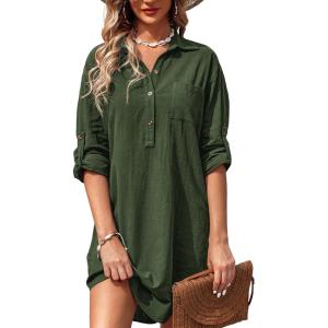 imageZeagoo Women Summer Dress Cotton Linen Shirt Dress Button Down Tunic Dress Beach Cover Up Dress