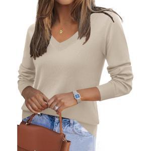 imageZeagoo Womens 2025 Fall V Neck Sweater Trendy Long Sleeve Casual Lightweight Ribbed Knit Pullover TopsBeige