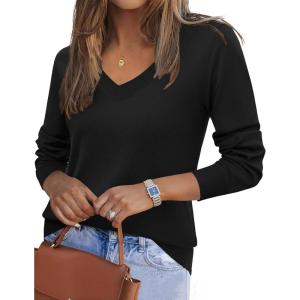imageZeagoo Womens 2025 Fall V Neck Sweater Trendy Long Sleeve Casual Lightweight Ribbed Knit Pullover TopsBlack