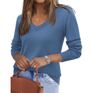 imageZeagoo Womens 2025 Fall V Neck Sweater Trendy Long Sleeve Casual Lightweight Ribbed Knit Pullover TopsBlue
