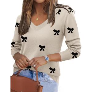 imageZeagoo Womens 2025 Fall V Neck Sweater Trendy Long Sleeve Casual Lightweight Ribbed Knit Pullover TopsBowknot Apricot