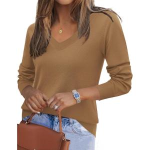 imageZeagoo Womens 2025 Fall V Neck Sweater Trendy Long Sleeve Casual Lightweight Ribbed Knit Pullover TopsBrown