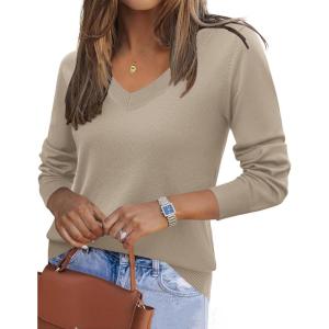 imageZeagoo Womens 2025 Fall V Neck Sweater Trendy Long Sleeve Casual Lightweight Ribbed Knit Pullover TopsCoffee