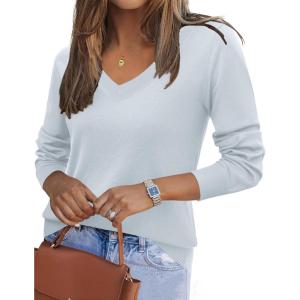 imageZeagoo Womens 2025 Fall V Neck Sweater Trendy Long Sleeve Casual Lightweight Ribbed Knit Pullover TopsLight Blue