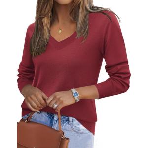 imageZeagoo Womens 2025 Fall V Neck Sweater Trendy Long Sleeve Casual Lightweight Ribbed Knit Pullover TopsWine Red
