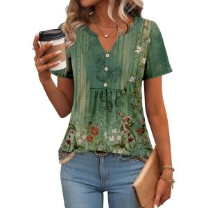 imageZeagoo Womens Short Sleeve Tops Summer Henley VNeck Tshirts Casual Pleated Blouse Dressy Loose Floral Basic Tee01green Ethnic Pattern