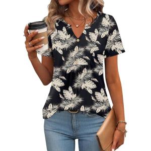 imageZeagoo Womens Short Sleeve Tops Summer Henley VNeck Tshirts Casual Pleated Blouse Dressy Loose Floral Basic TeeBlack Leaf Floral