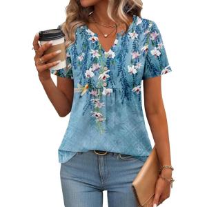 imageZeagoo Womens Short Sleeve Tops Summer Henley VNeck Tshirts Casual Pleated Blouse Dressy Loose Floral Basic TeeBlue Flowers