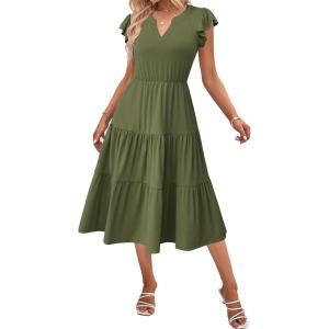 imageZeagoo Womens Summer Casual Dresses Ruffle Sleeve V Neck Midi Dress Flowy Tiered Dress with Pockets Boho SundressesArmy Green