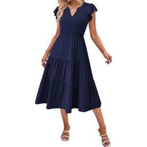 imageZeagoo Womens Summer Casual Dresses Ruffle Sleeve V Neck Midi Dress Flowy Tiered Dress with Pockets Boho SundressesNavy Blue