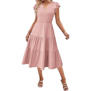imageZeagoo Womens Summer Casual Dresses Ruffle Sleeve V Neck Midi Dress Flowy Tiered Dress with Pockets Boho SundressesPink Round Dot