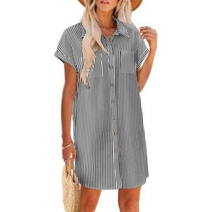 imageZeagoo Womens Summer Dress 2025 Cotton Button Down Short Sleeve Tshirt Dresses Casual Flowy V Neck Loose Mini Beach Dress01blackwhite Stripe