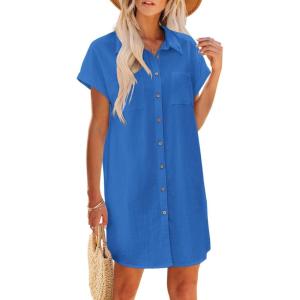 imageZeagoo Womens Summer Dress 2025 Cotton Button Down Short Sleeve Tshirt Dresses Casual Flowy V Neck Loose Mini Beach DressBlue