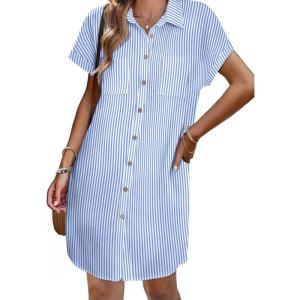imageZeagoo Womens Summer Dress 2025 Cotton Button Down Short Sleeve Tshirt Dresses Casual Flowy V Neck Loose Mini Beach DressBluewhite Stripe