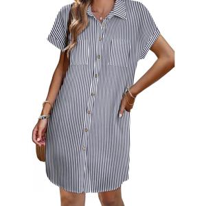 imageZeagoo Womens Summer Dress 2025 Cotton Button Down Short Sleeve Tshirt Dresses Casual Flowy V Neck Loose Mini Beach DressDark Bluewhite Stripe