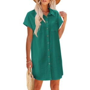 imageZeagoo Womens Summer Dress 2025 Cotton Button Down Short Sleeve Tshirt Dresses Casual Flowy V Neck Loose Mini Beach DressGreeen 02