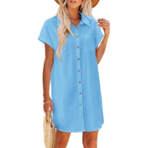 imageZeagoo Womens Summer Dress 2025 Cotton Button Down Short Sleeve Tshirt Dresses Casual Flowy V Neck Loose Mini Beach DressLight Blue